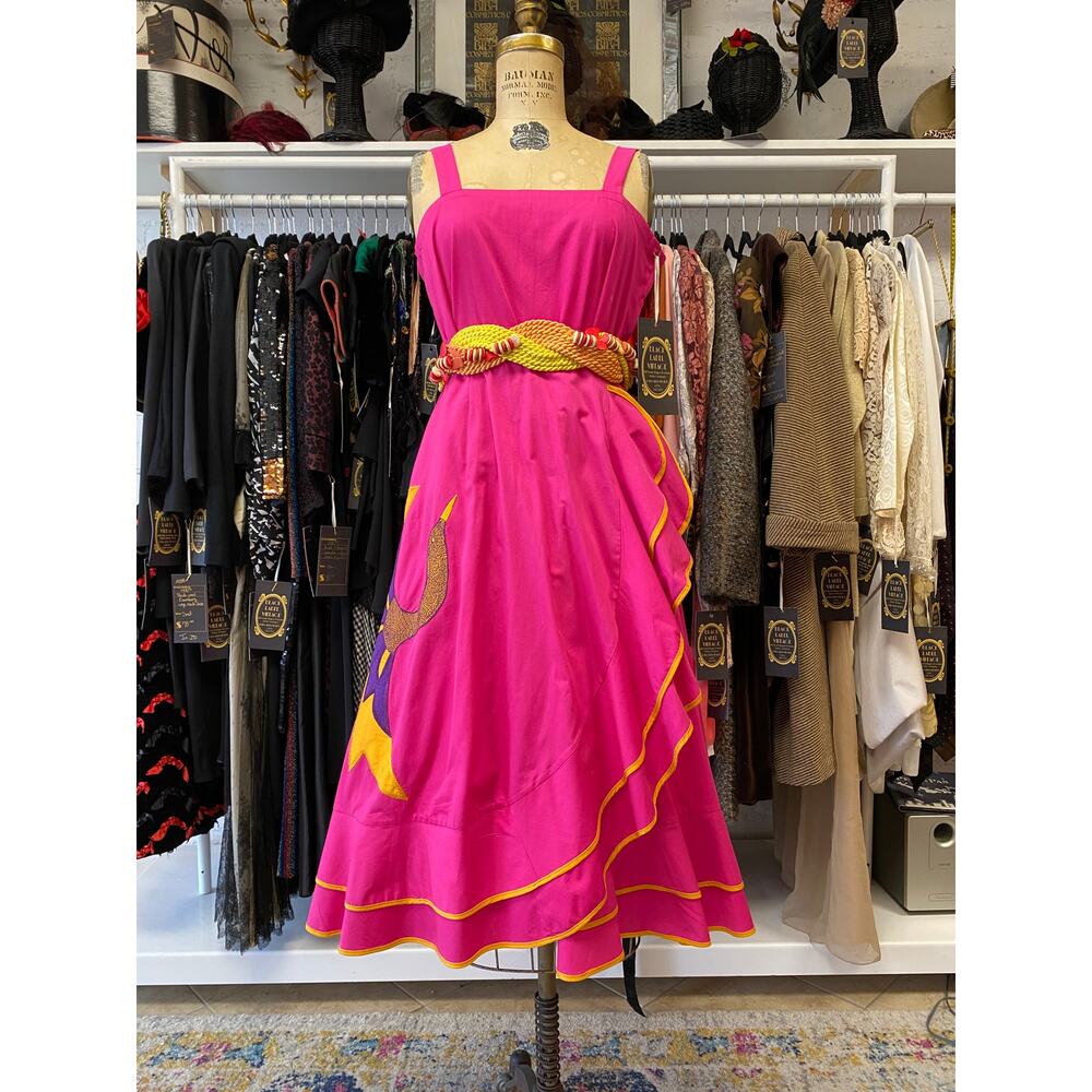 vintage 1980s fuchsia wrap skirt and top, applique bird, 2 piece summer outfit